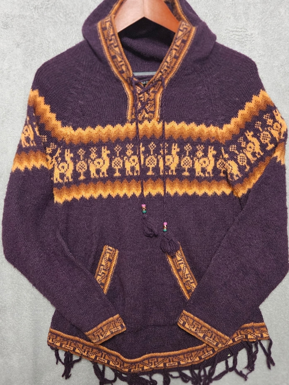 100% Peru Alpaca Soft Women's Colorful Sweater Hood, Pockets & Fringe L